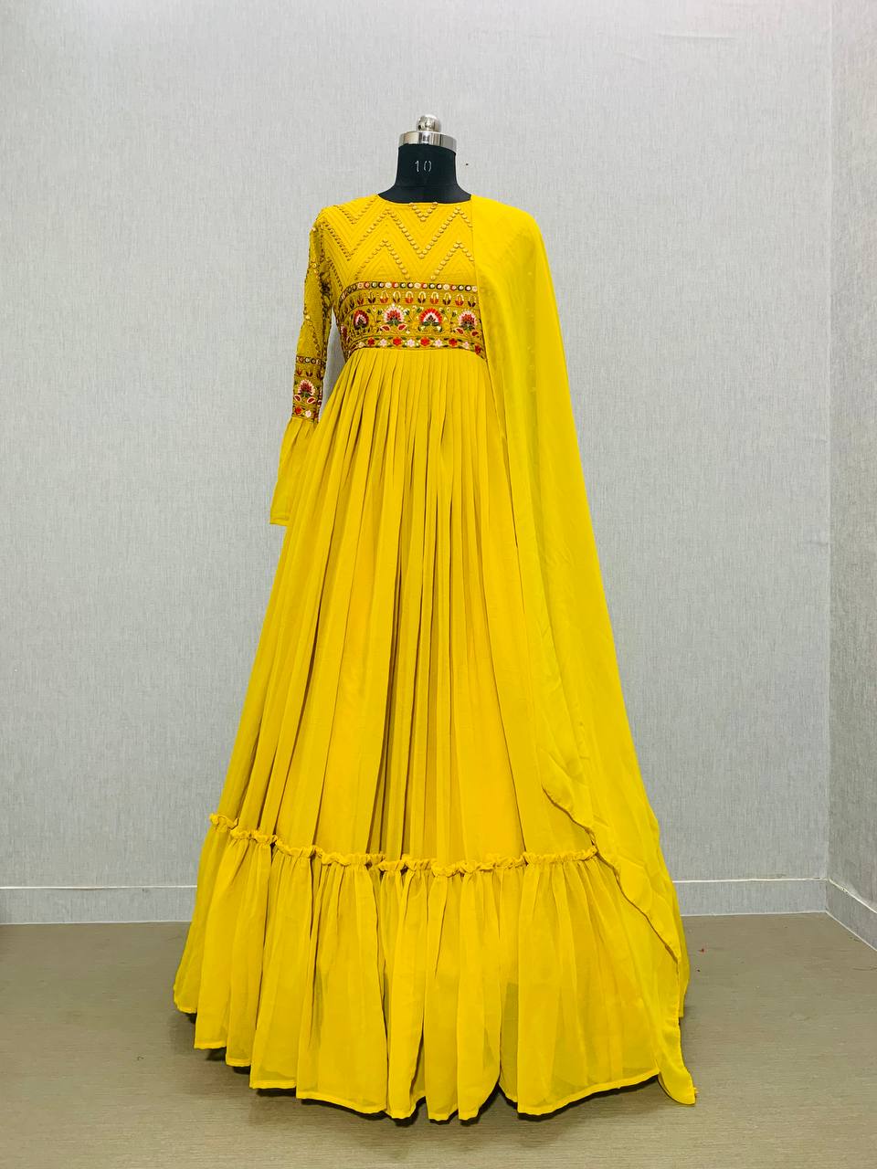 Yellow Ethnic Full Flair Gown With Full Sleeve And Dupatta