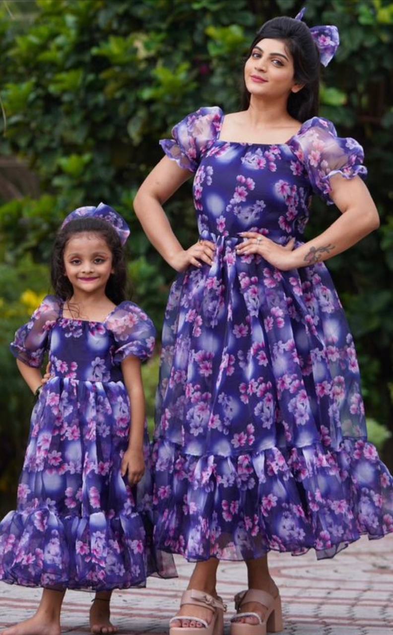 Mother daughter Purple Color Floral Print Organza Dress