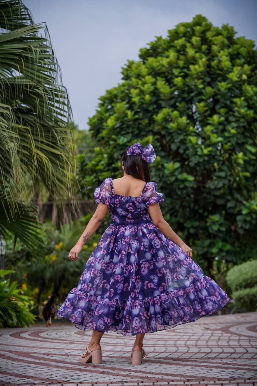 Mother daughter Purple Color Floral Print Organza Dress