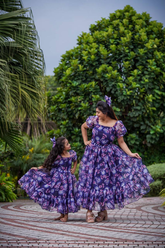 Mother daughter Purple Color Floral Print Organza Dress