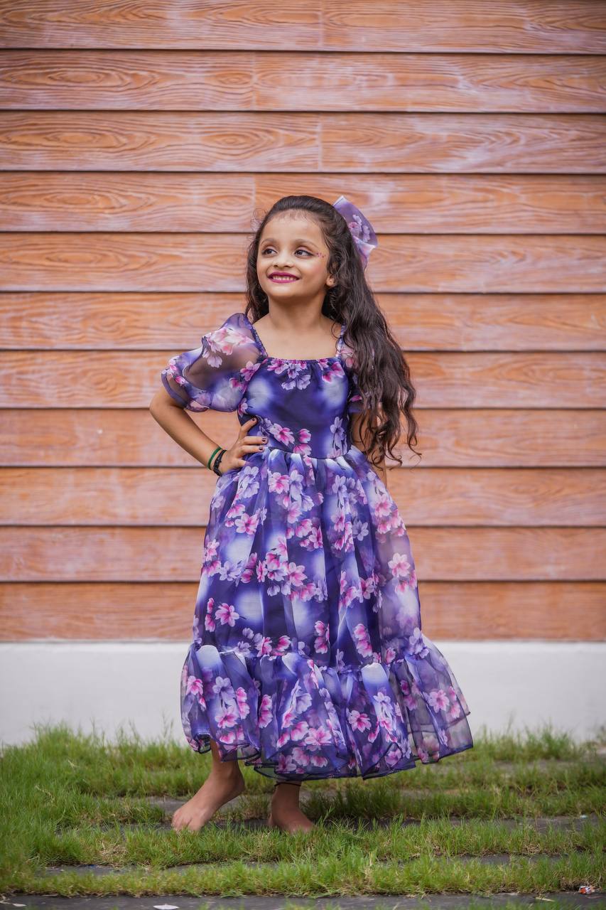 Mother daughter Purple Color Floral Print Organza Dress