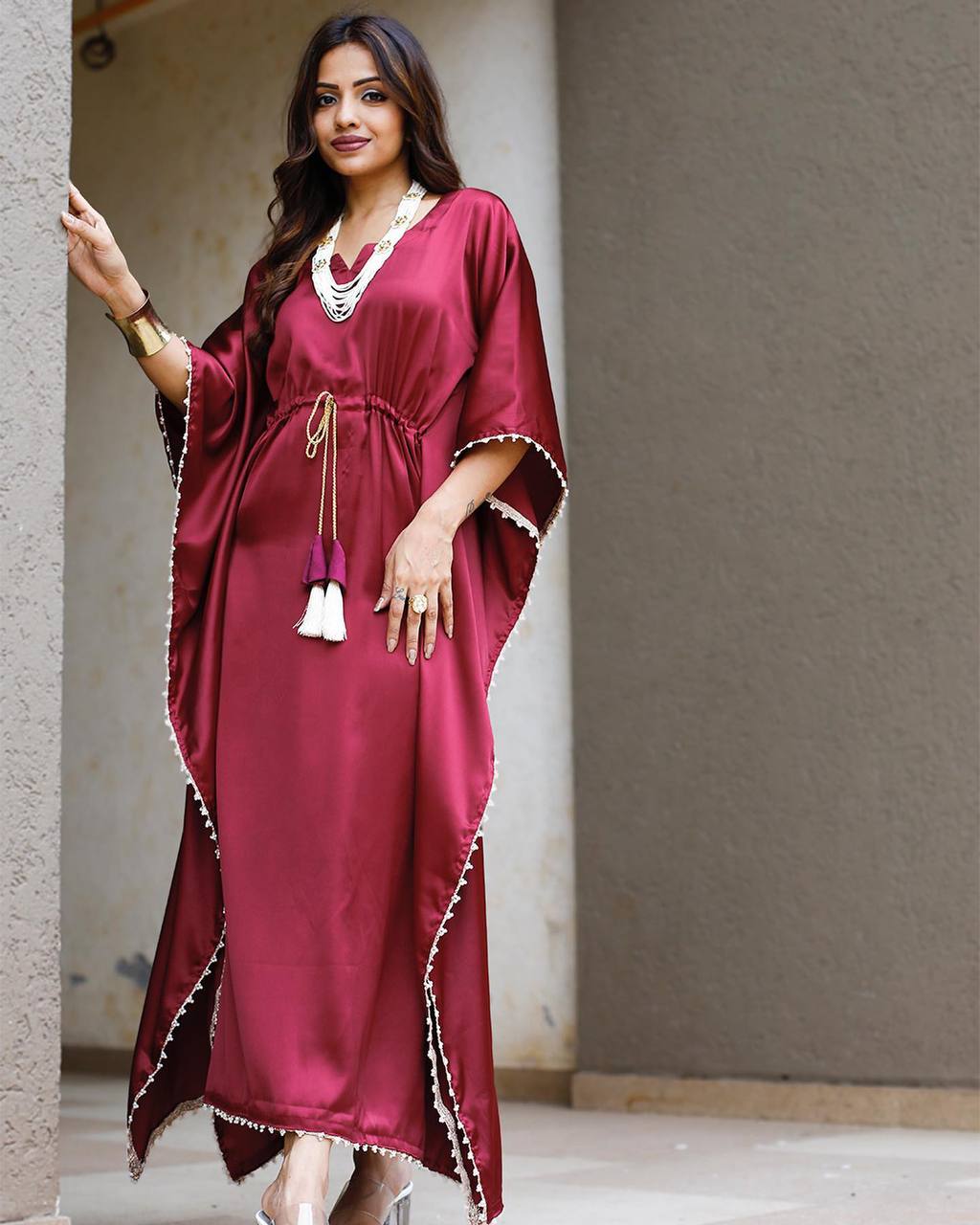 Party Wear Modal Silk Red Kaftan For Women