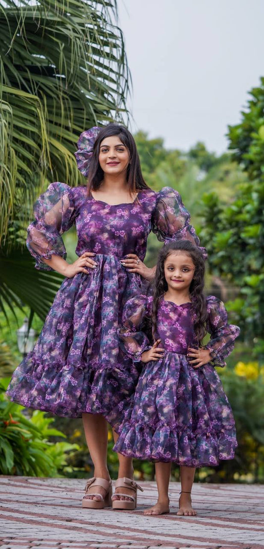 Floral Print Purple Color Organza Gown For Women And Kids