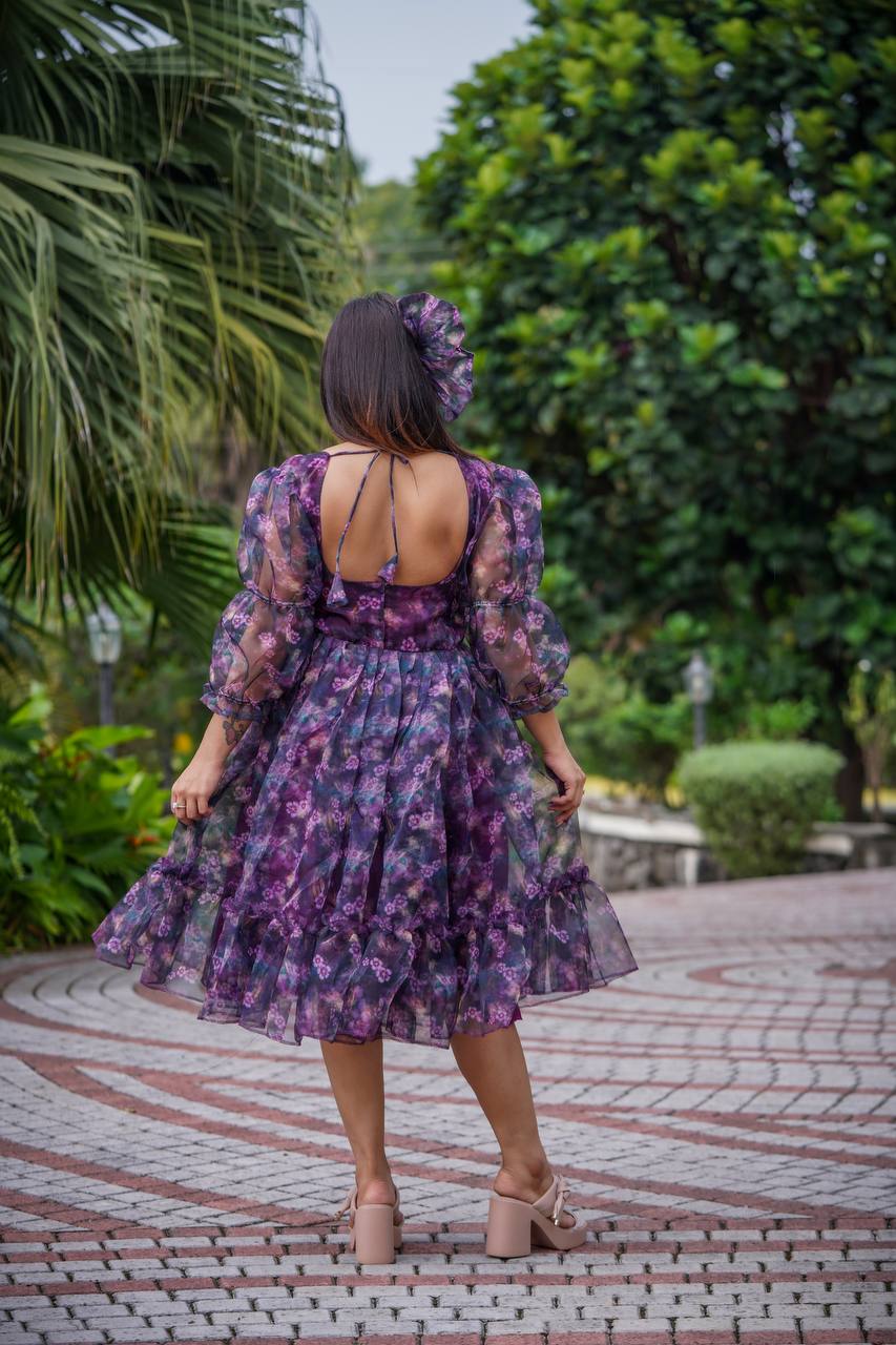 Floral Print Purple Color Organza Gown For Women And Kids