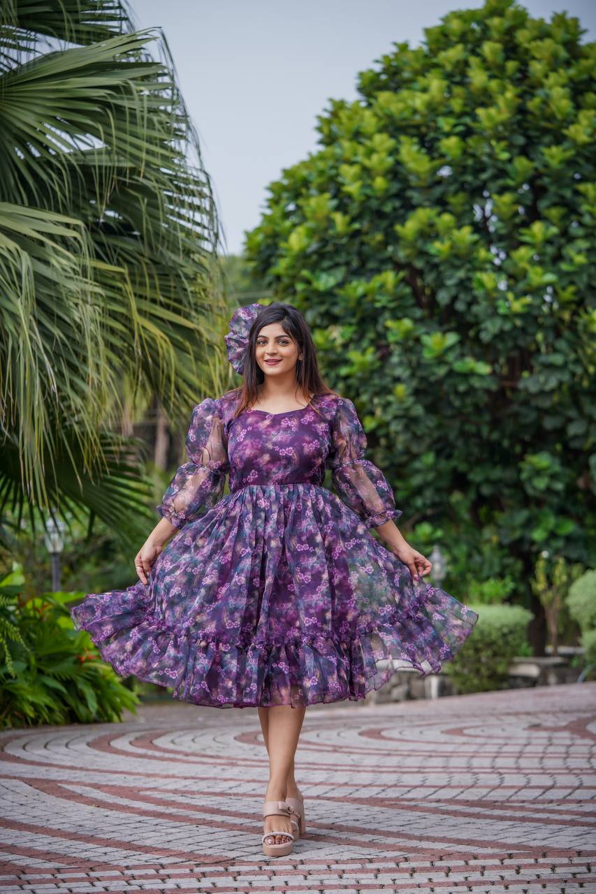Floral Print Purple Color Organza Gown For Women And Kids