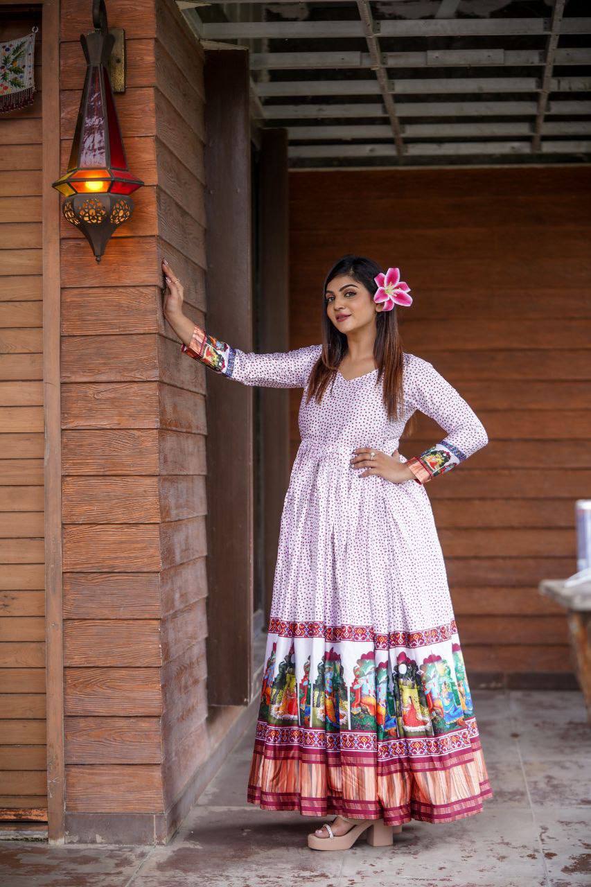 White Printed Indian Designer Gown For Women
