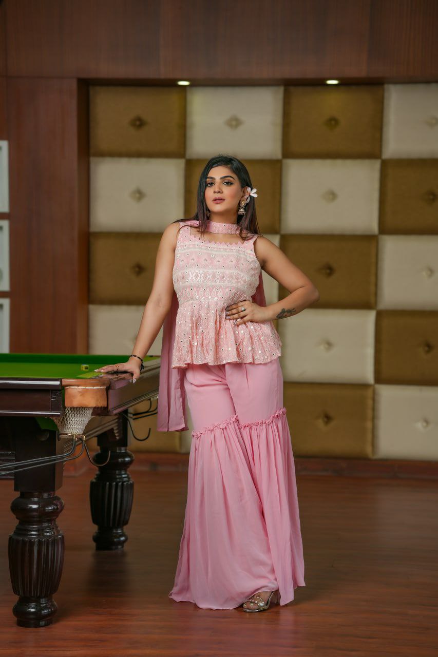 Baby Pink Sararra Top And Lehenga For Partywear