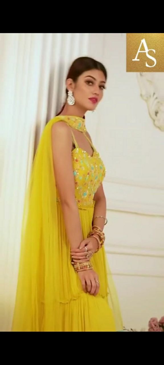 Yellow Color Partywear Gown Top With Dupatta