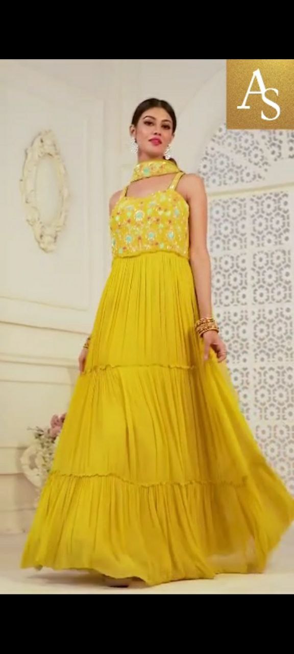 Yellow Color Partywear Gown Top With Dupatta