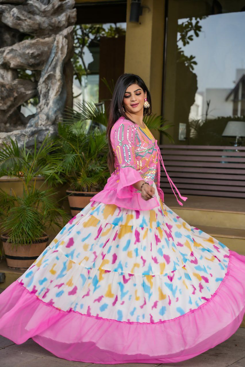 Pink And White Lehenga Choli With Matching Shrug