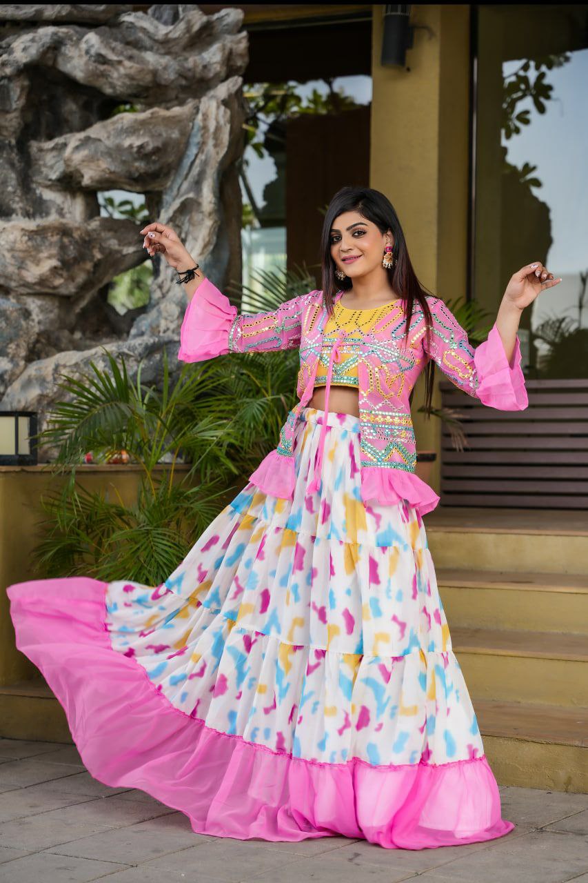 Pink And White Lehenga Choli With Matching Shrug