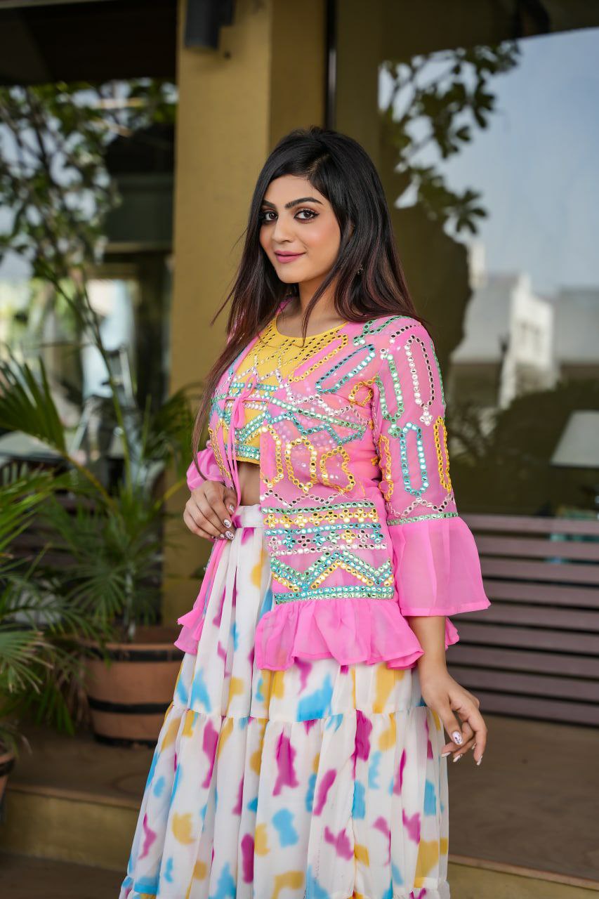 Pink And White Lehenga Choli With Matching Shrug