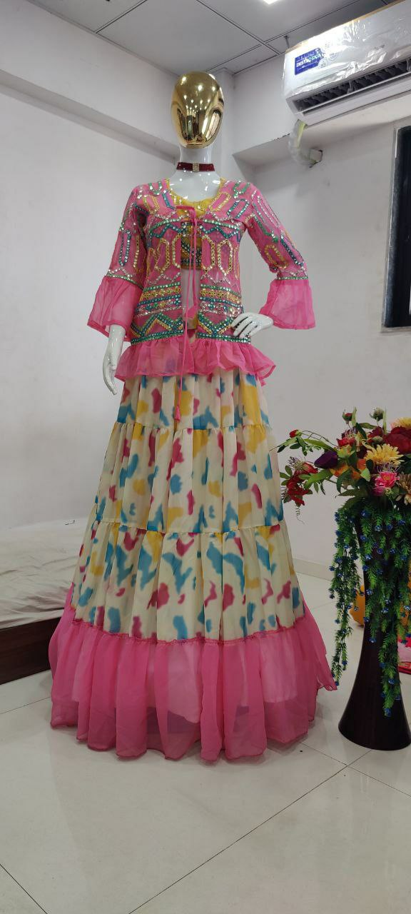 Pink And White Lehenga Choli With Matching Shrug