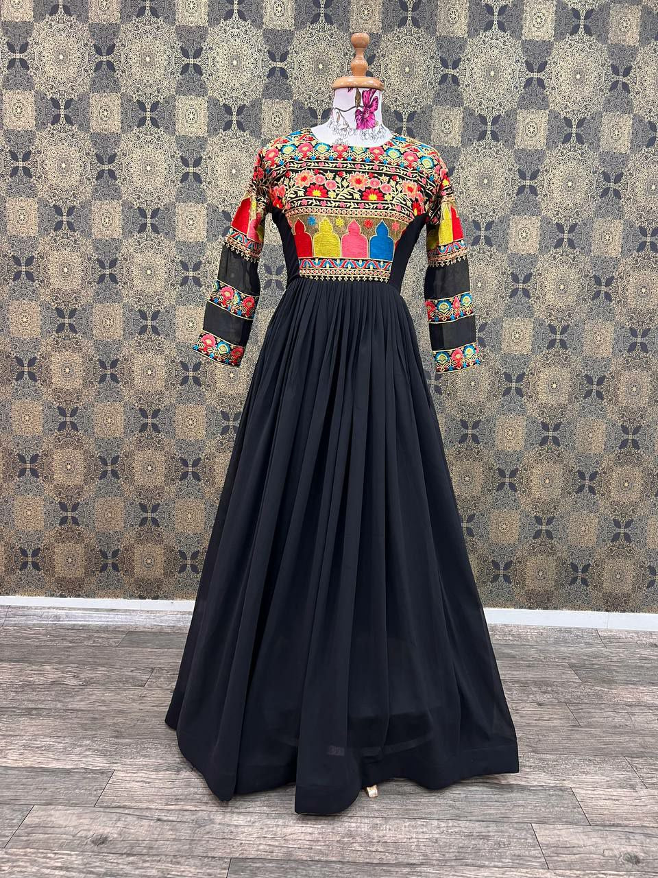 Black Ethnic Printed Full Sleeve Gown For Women