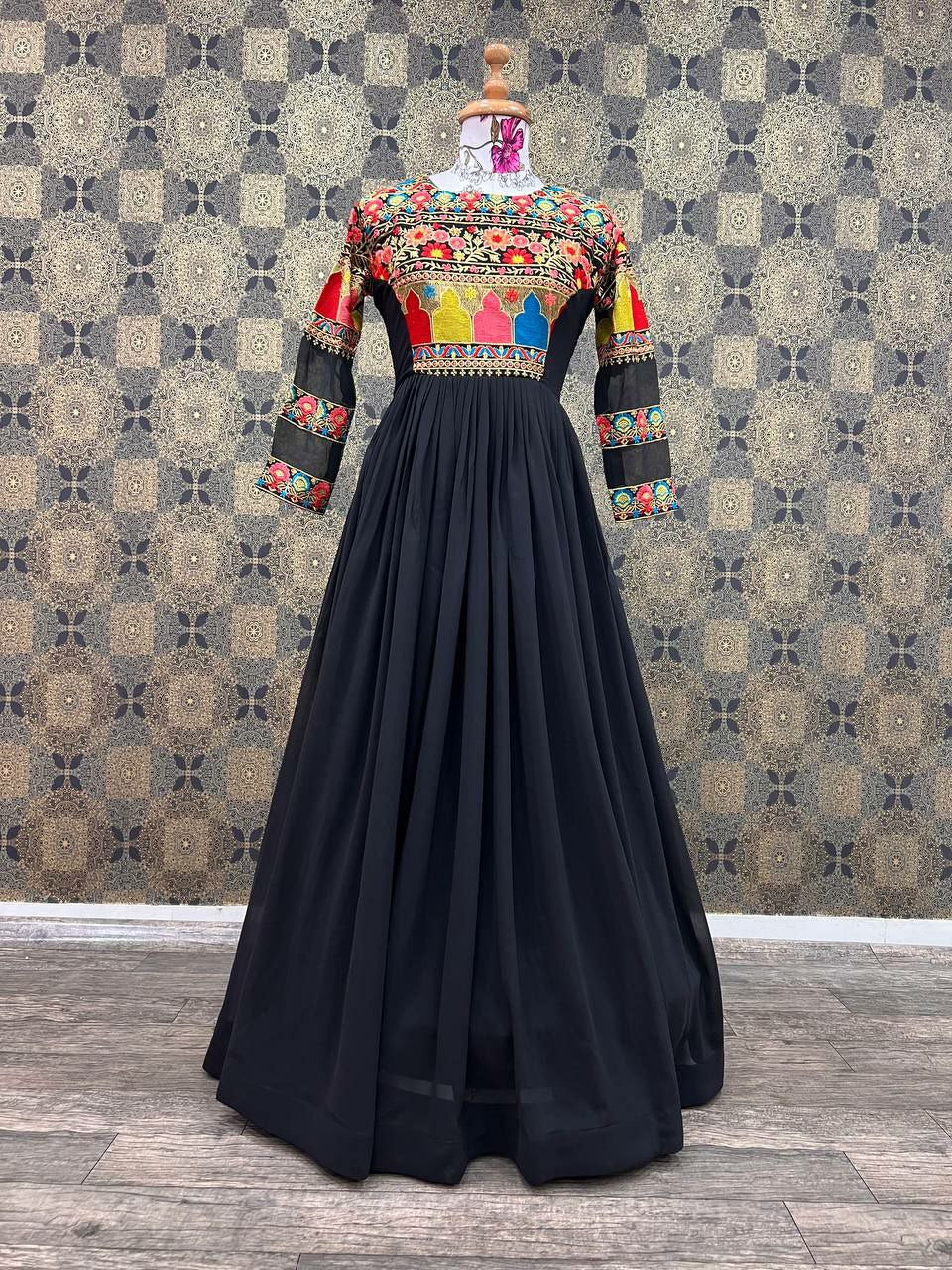 Black Ethnic Printed Full Sleeve Gown For Women