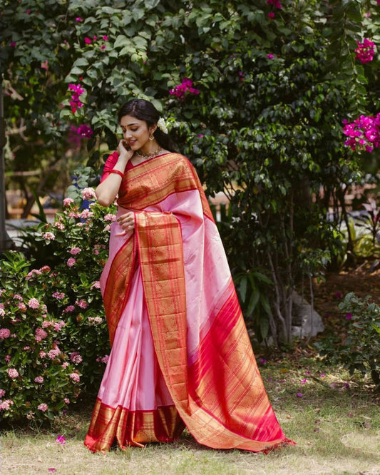 Stylish Light Pink Color Golden Jacquard Work Saree