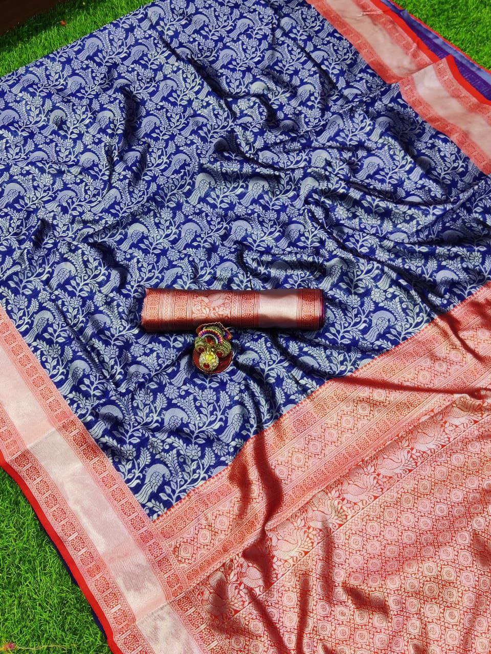 Firozi Banarasi Silk Saree With Blouse