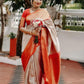 Treditional Soft Lichi Silk White Red Kanjivaram Saree