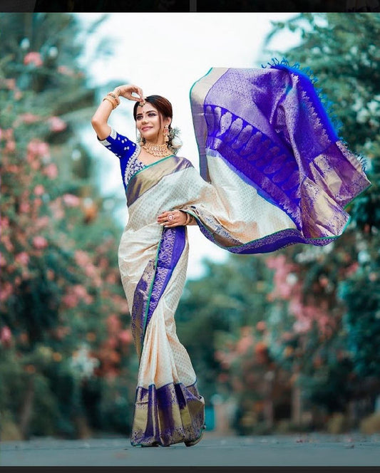 Designer Off White and Blue Golden Jacquard Work Saree