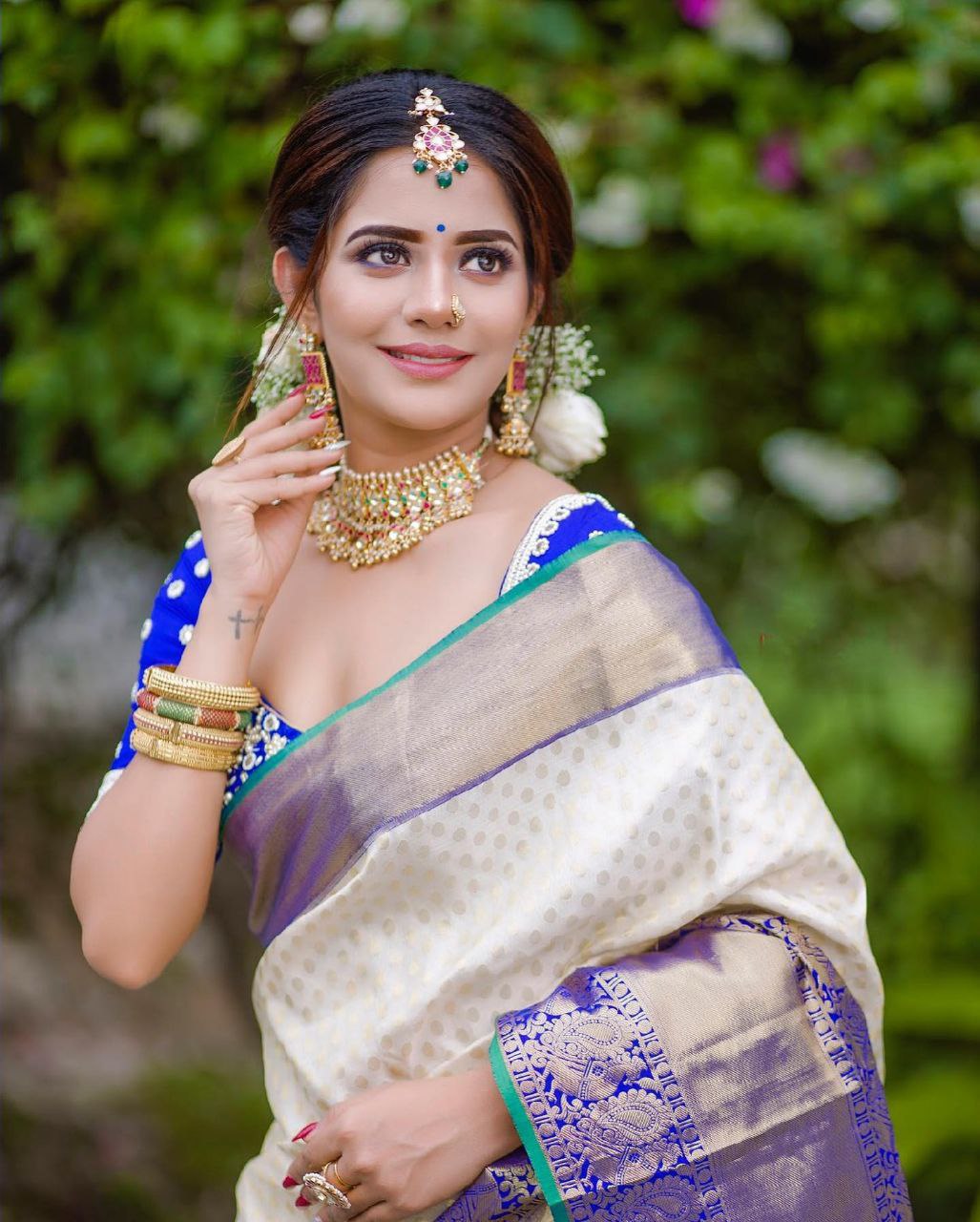 Golden Color Soft Banarasi Silk Saree With Royal Blue Blouse