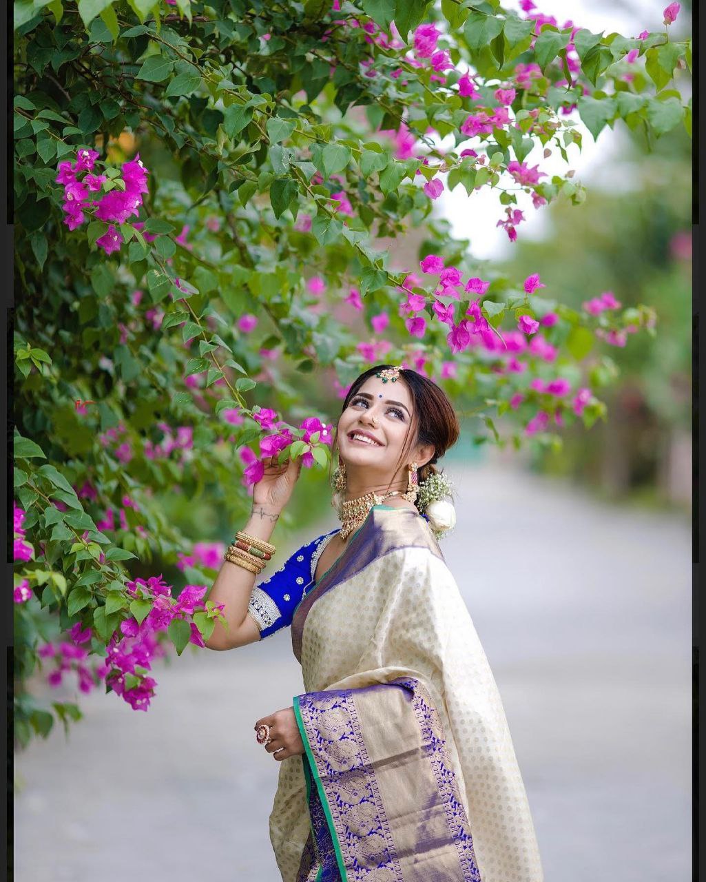 Golden Color Soft Banarasi Silk Saree With Royal Blue Blouse