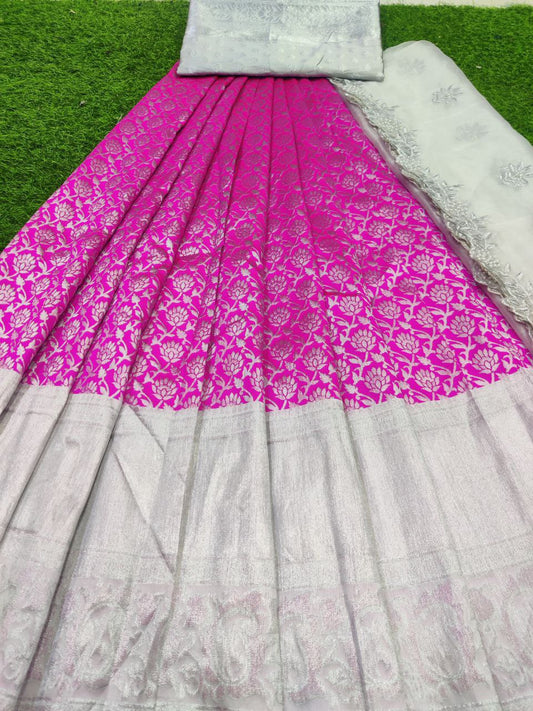 Pink Lehenga Choli With Grey Blouse And Duppta