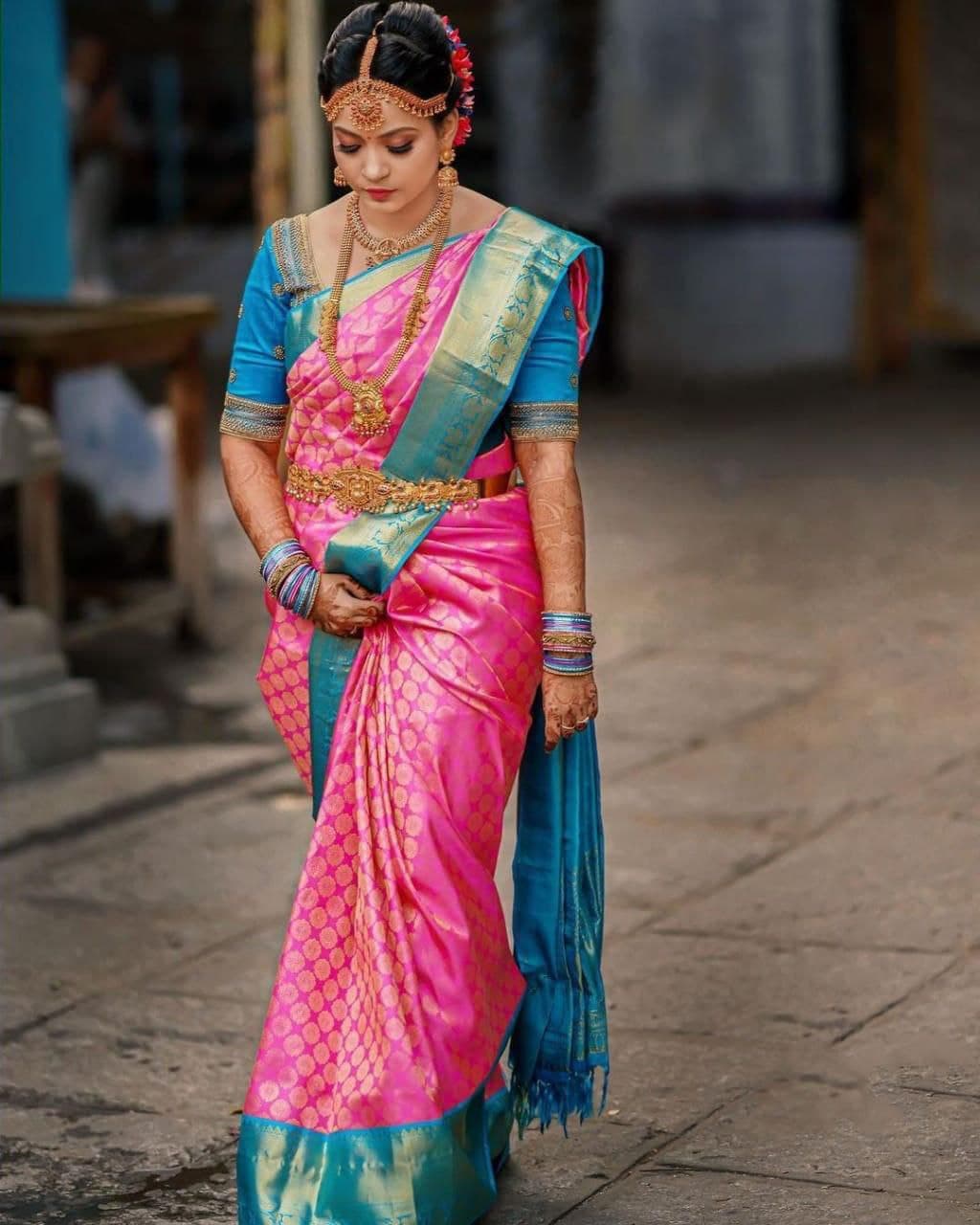 Blue Pink Firozi Soft Banarasi Silk Saree With Blouse