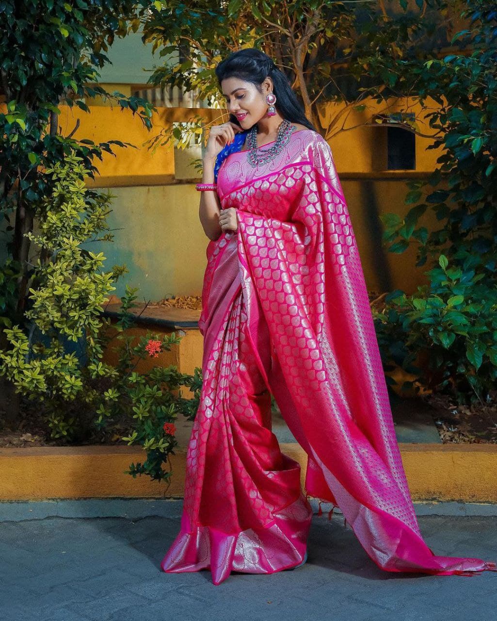Ready to Wear Wedding Pink Saree Sari With Blouse 