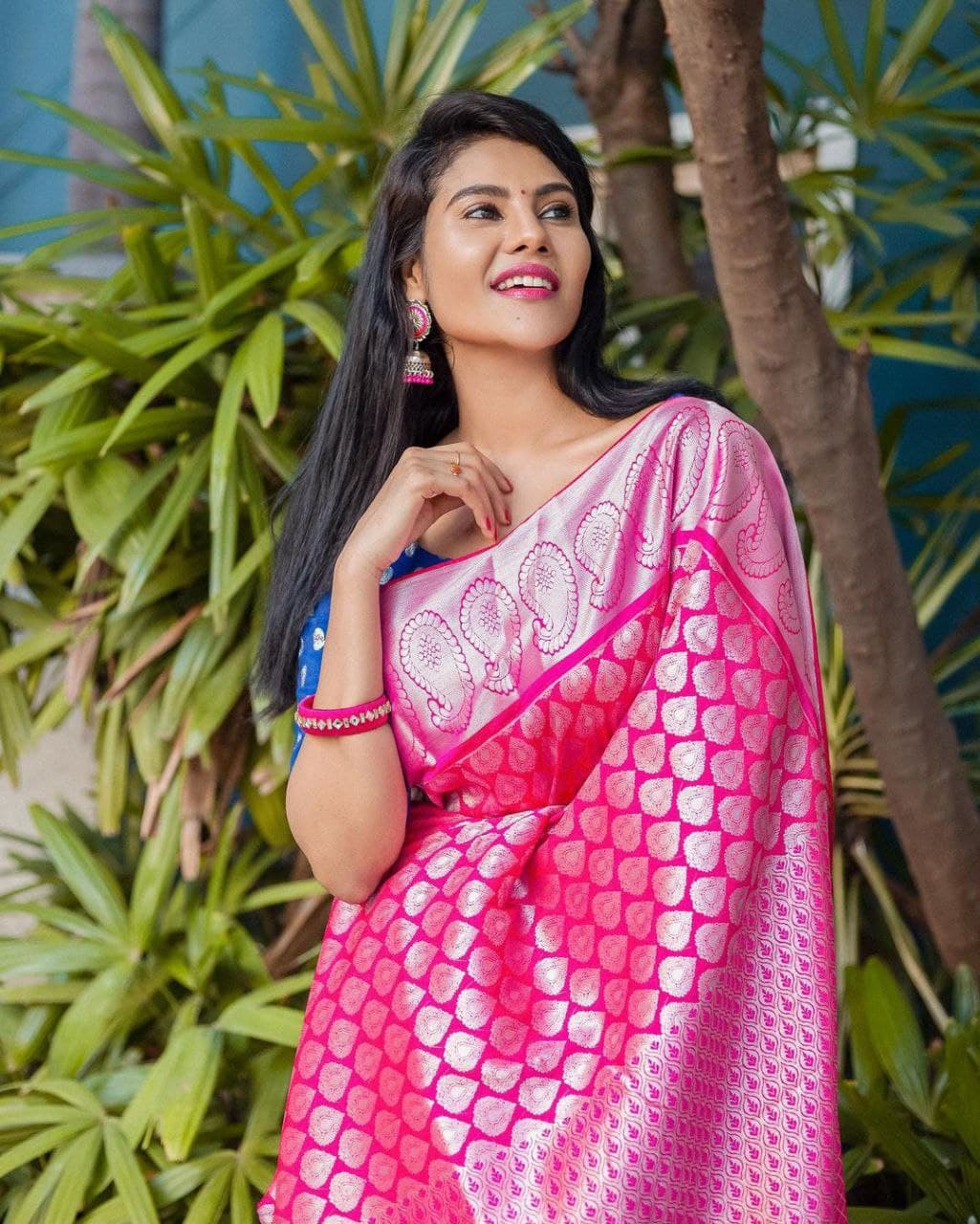 Ready to Wear Wedding Pink Saree Sari With Blouse 