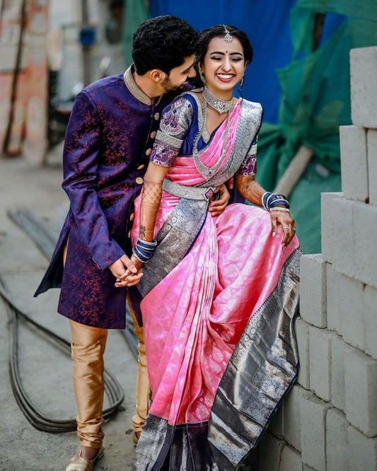 Plain Banarasi Pure Silk Pink Saree For Women