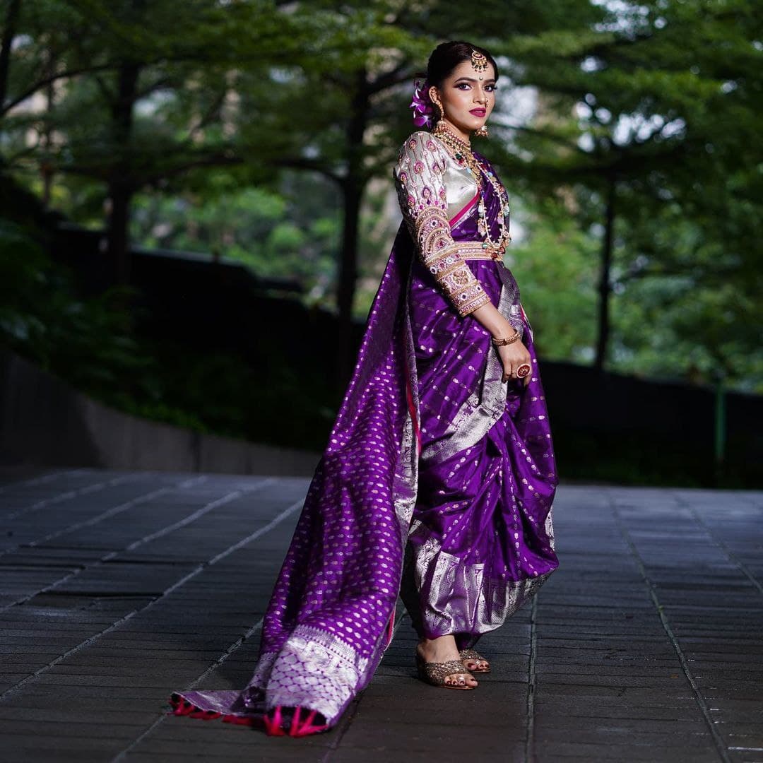 Purple soft silk saree with unique copper zari buttas,contrast floral  creeper border & pallu of intricate designs