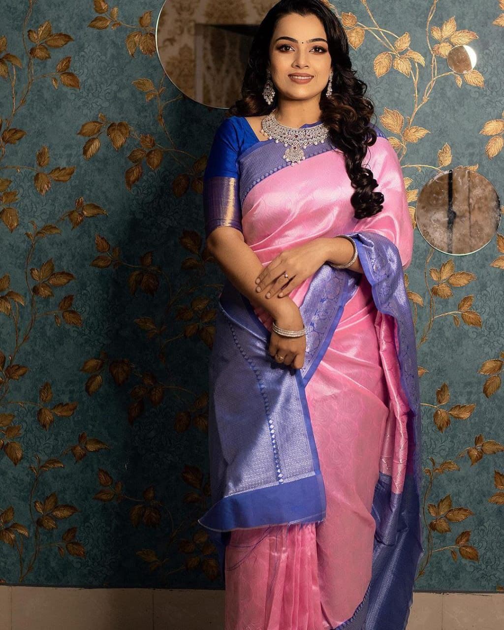 Trendy Baby Pink Color Soft Silk Sarees With Blue Blouse