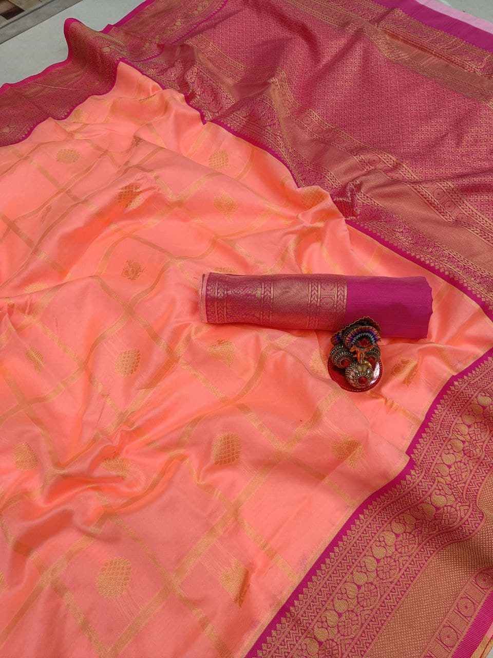 Partywear Dark Peach Kanchipuram Saree For Women