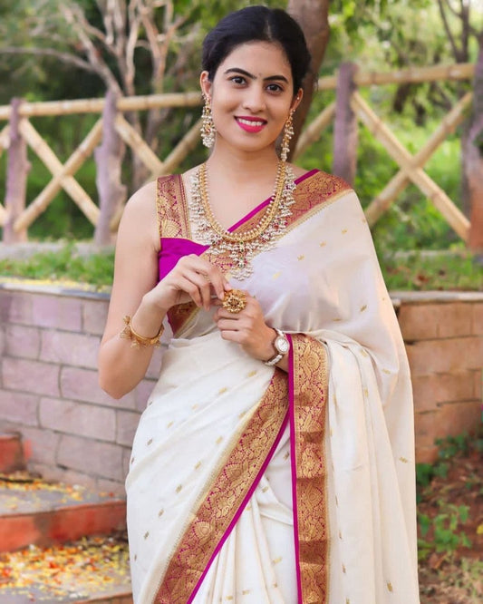 White Paithani Silk Saree with Maroon Zari Border