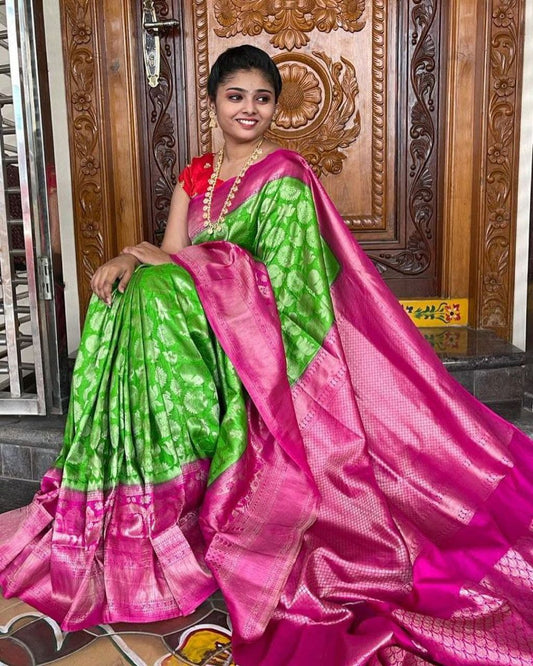 Green And Pink Colour Soft Lichi Silk Saree For Women