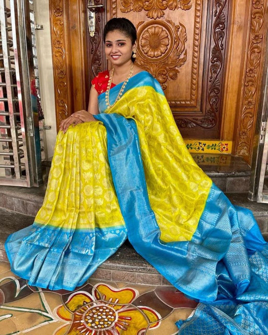 Yellow Colour Soft Lichi Silk Sky Blue border Saree