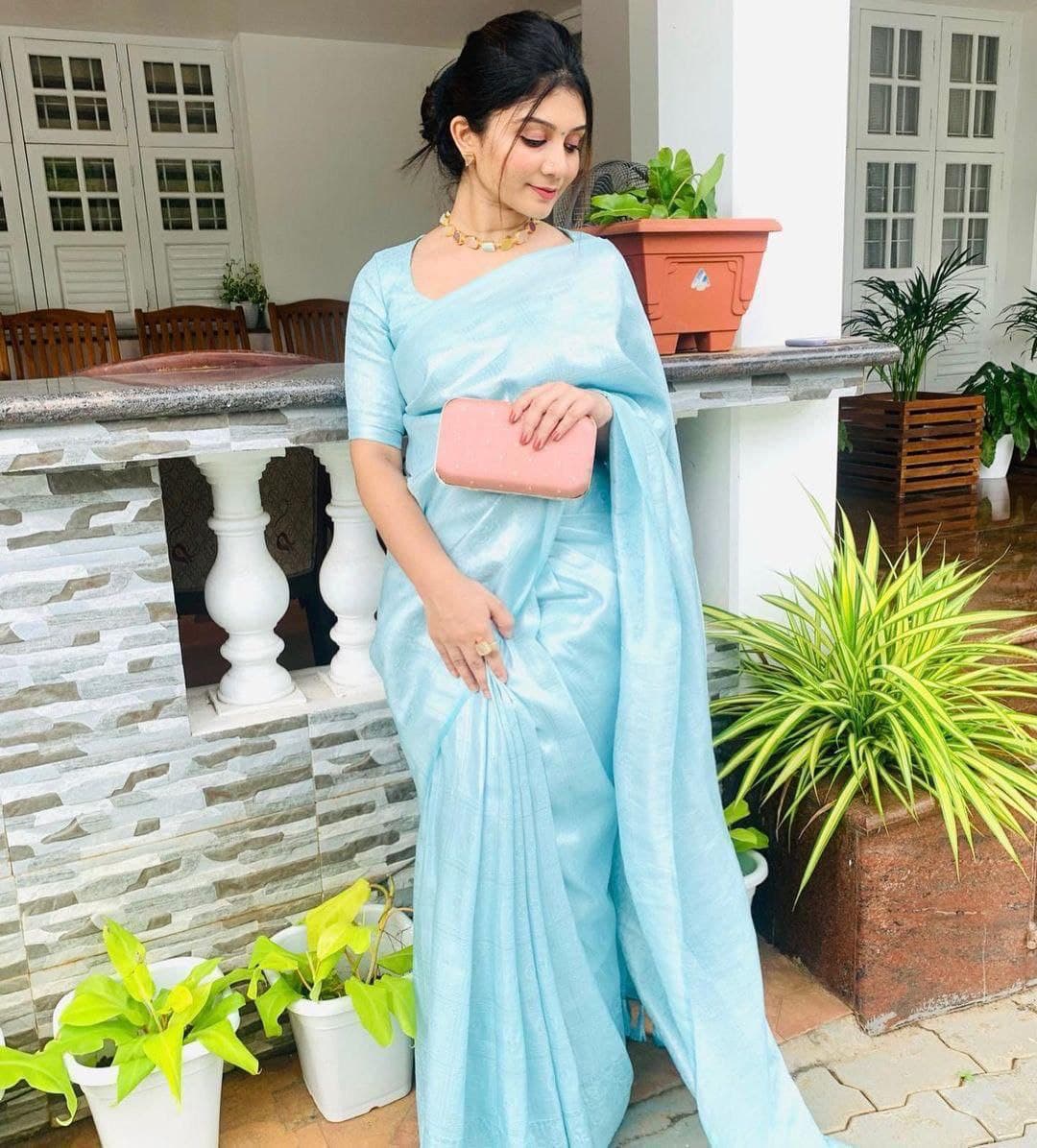 Net Embroidery Saree In Light Sky Blue Colour - SR4690605