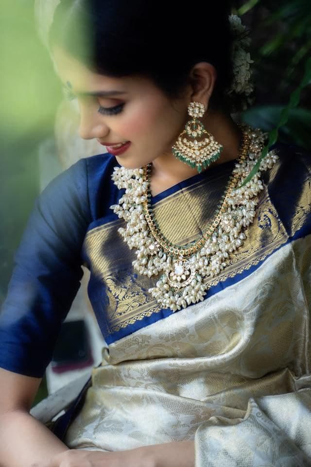 Cream Green Designer Banarasi Pure Silk Saree