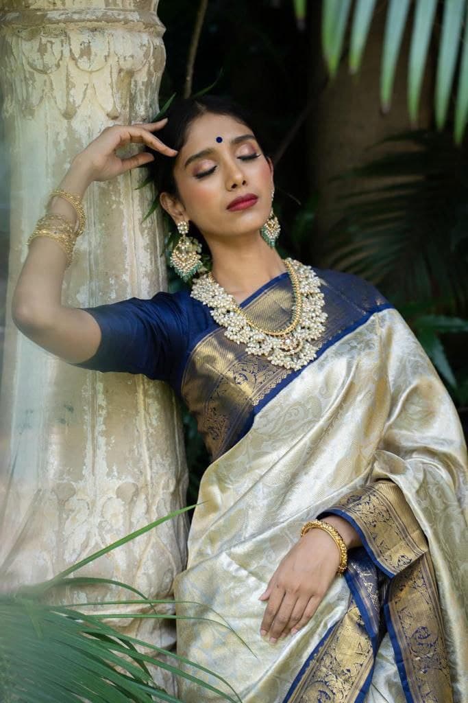 Cream Green Designer Banarasi Pure Silk Saree