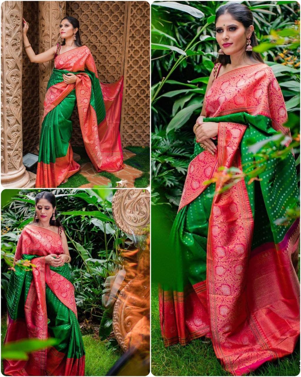 Partywear Green Saree With Pink Blouse