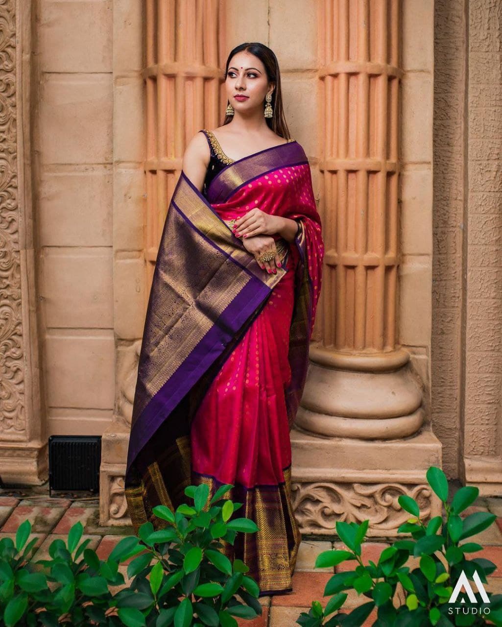 Partywear Pink Saree With Purple Blouse
