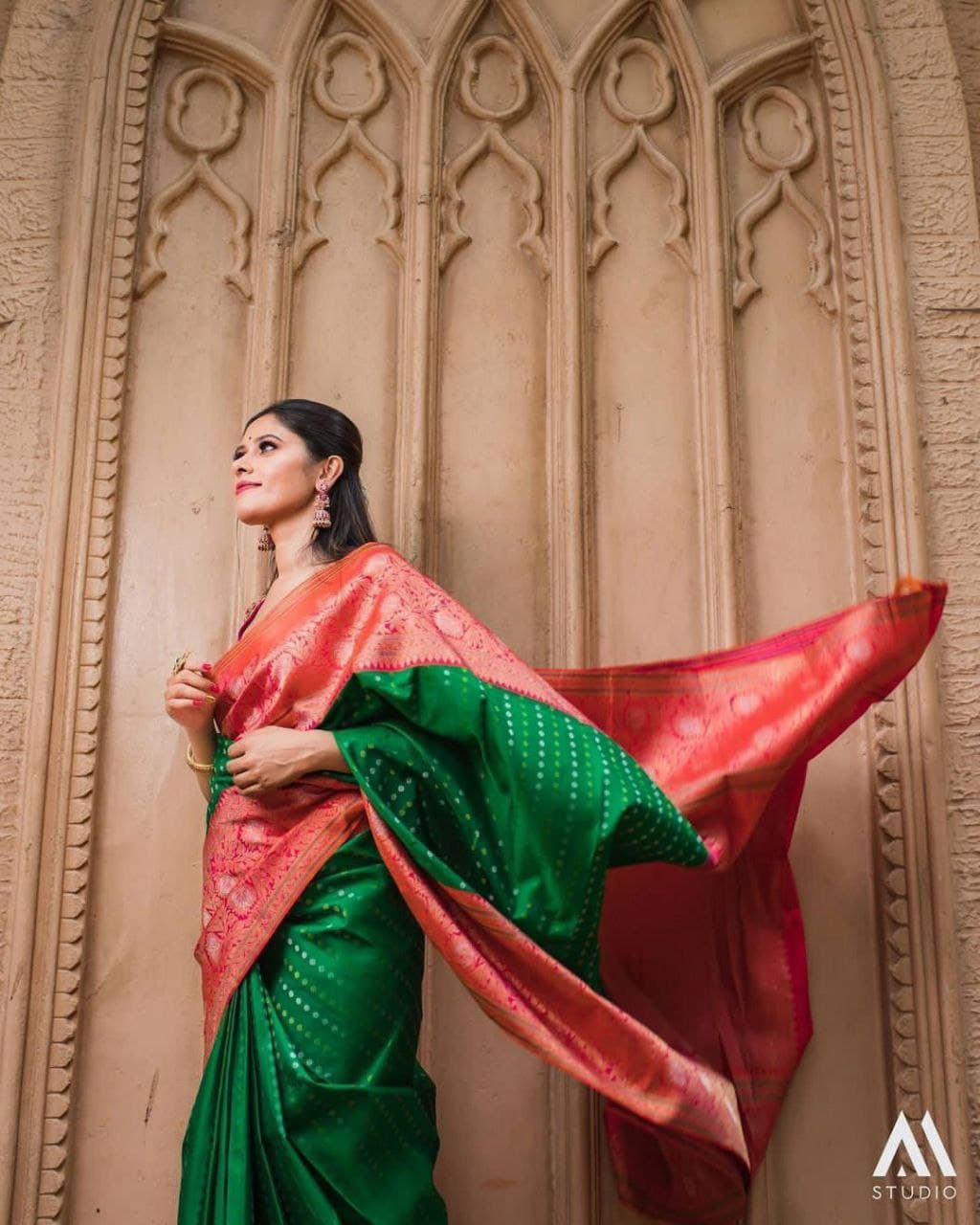 Partywear Green Saree With Pink Blouse