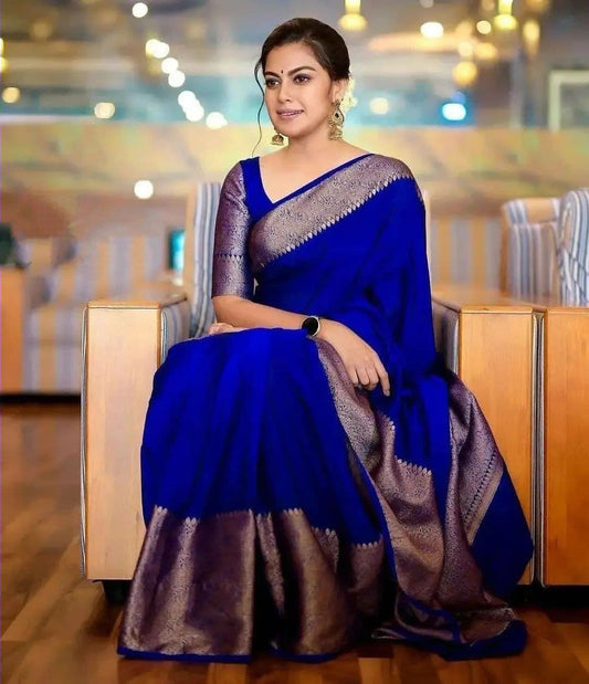 Luxurious Royal Blue Soft Silk Indian Saree