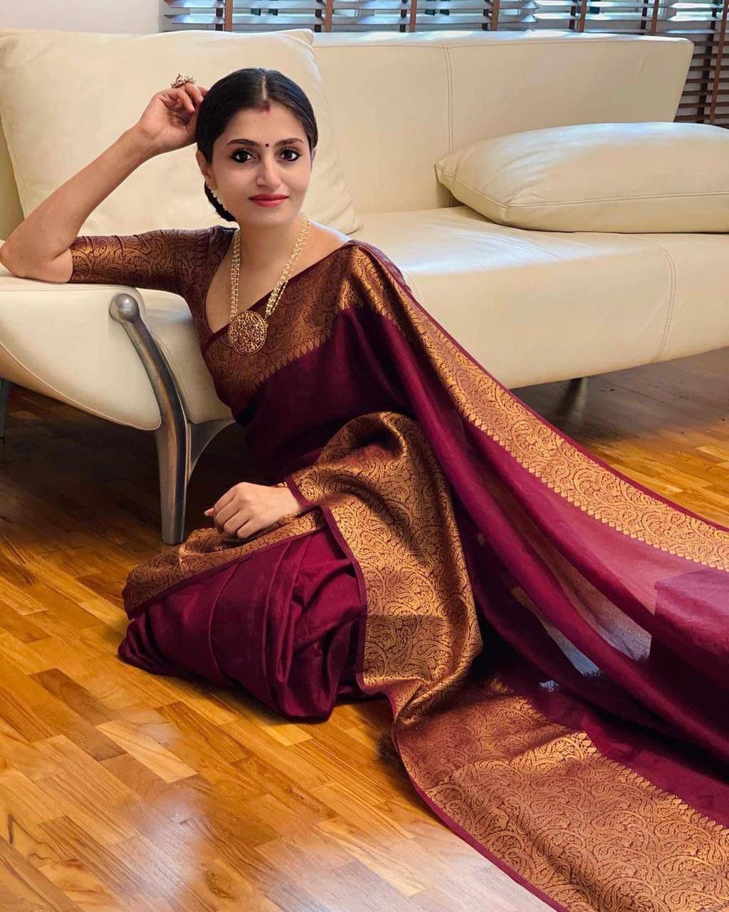 Luxurious Maroon Soft Silk Indian Saree For Women