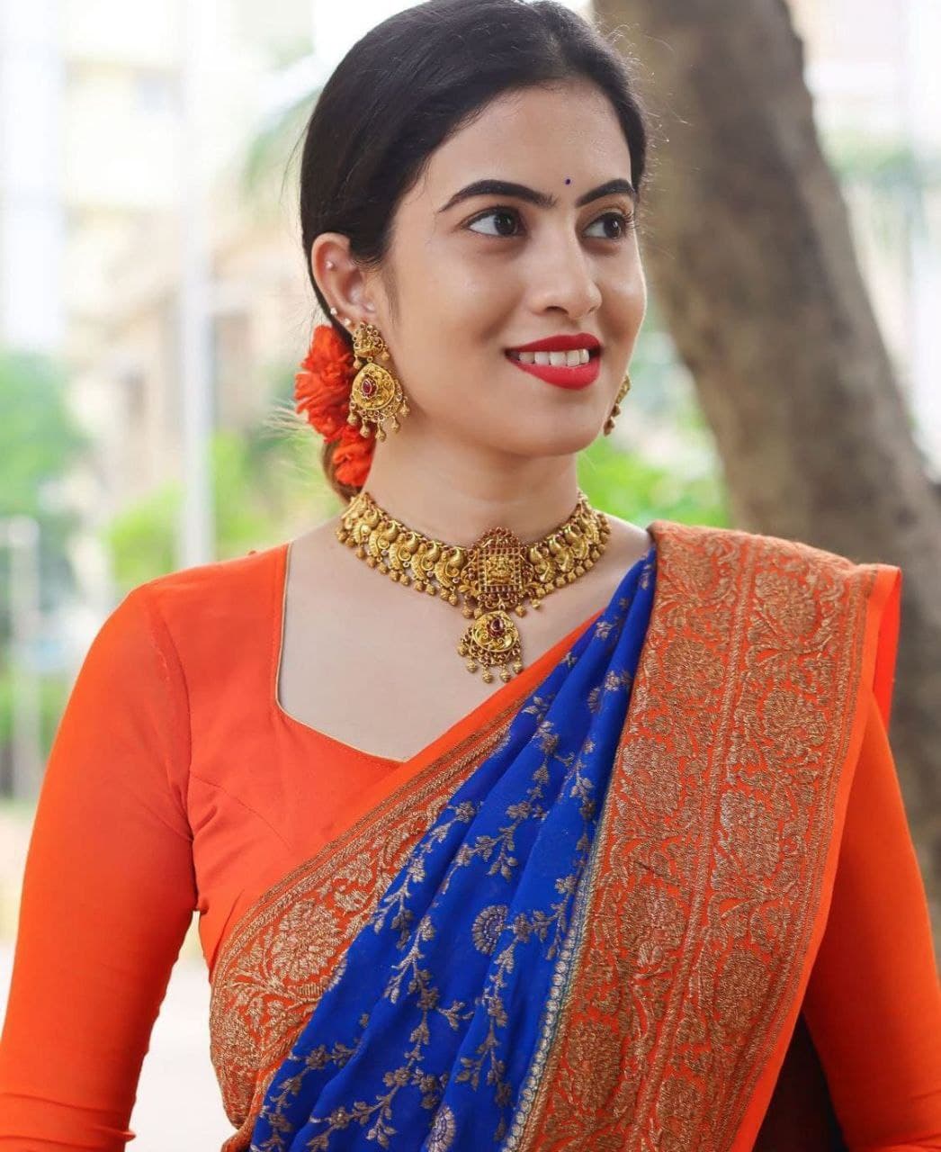 Blue Traditional Pure Silk Saree With Orange Blouse