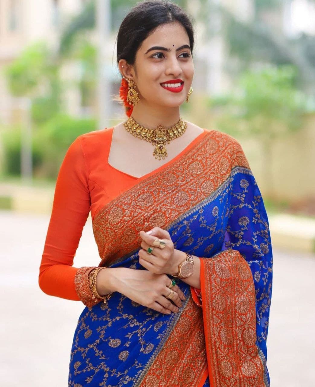 Blue Traditional Pure Silk Saree With Orange Blouse