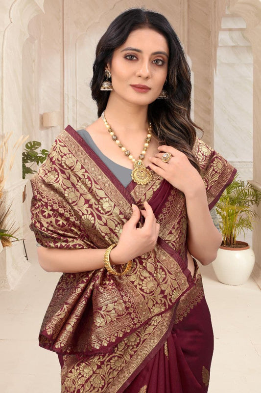 Maroon Color Pure Silk Traditional Saree With Grey Blouse