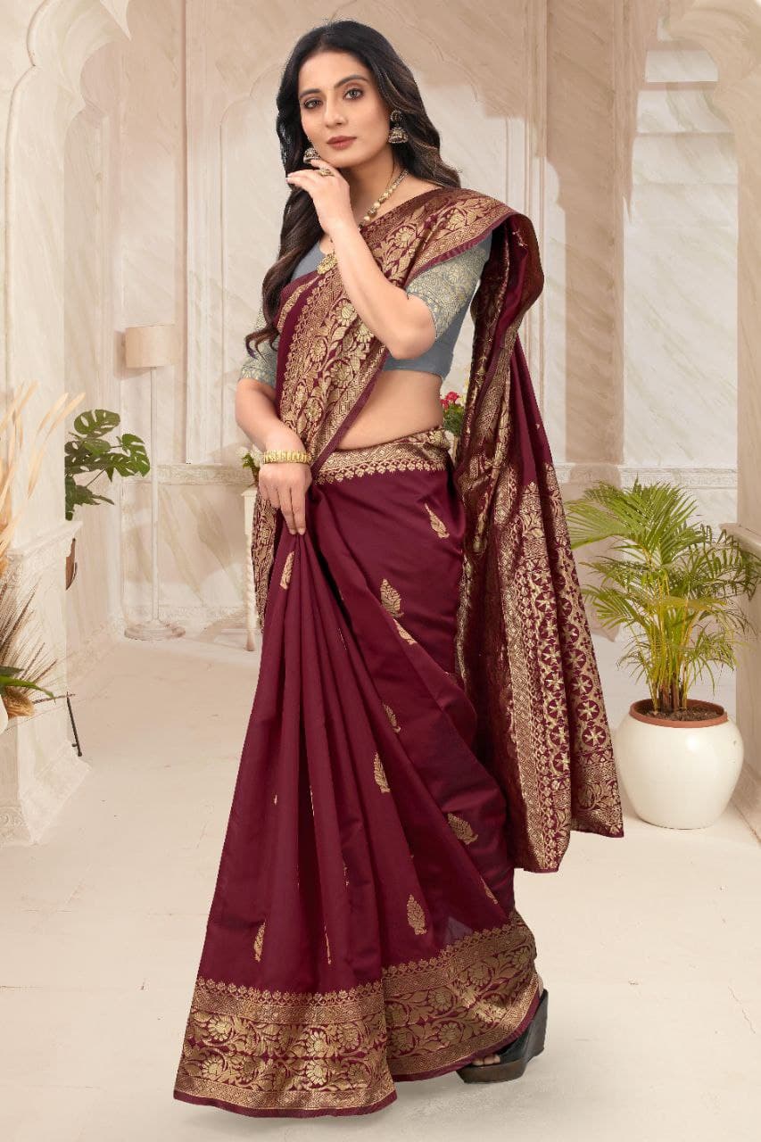 Maroon Color Pure Silk Traditional Saree With Grey Blouse