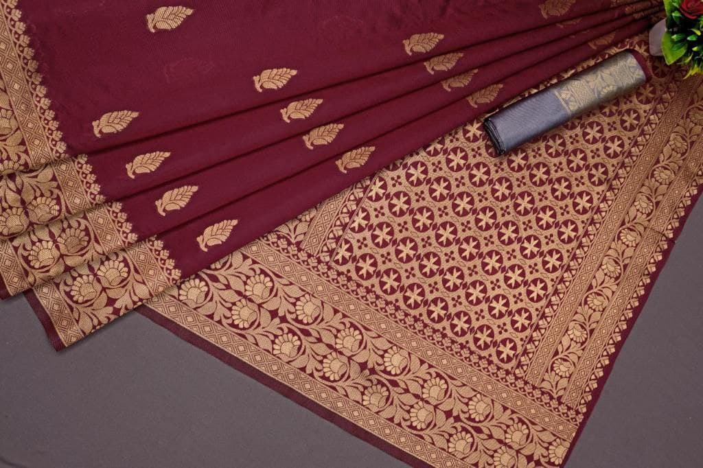Maroon Color Pure Silk Traditional Saree With Grey Blouse