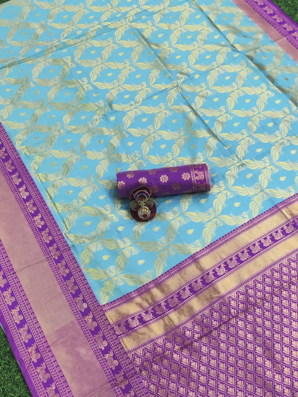 Sky Blue Color Kanchipuram Pure Silk Saree For Women